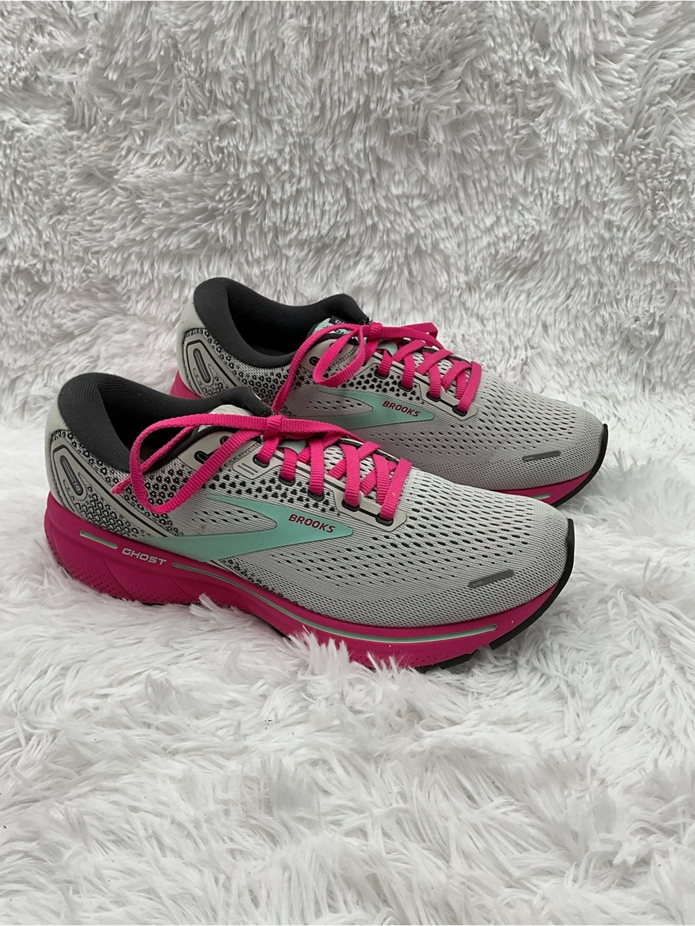 Brooks Ghost 14 Size 9.5 Gray Pink Aqua Woman’s Running Shoes